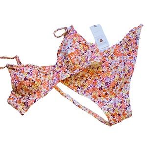 Shade And Shore Bikini 34B Large Orange Pink Floral Cheeky bottoms